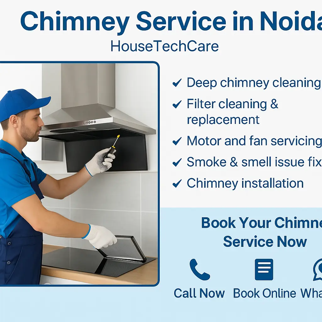 HouseTechCare technician cleaning a kitchen chimney in Noida with service list and call-to-action for chimney cleaning and repair.
