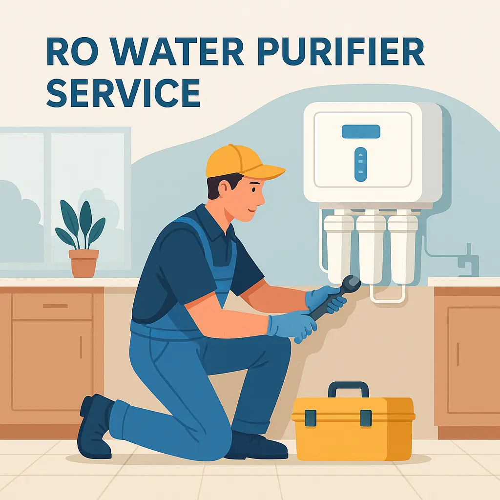 RO water purifier service technician repairing wall-mounted RO in modern kitchen
